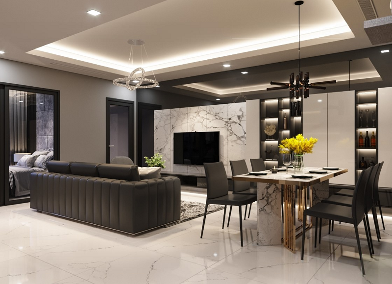 Phối cảnh nội thất phòng khách và phòng ăn liền mạch, đậm chất hiện đại.