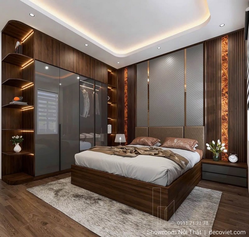 Giường ngủ gỗ công nghiệp màu nâu đậm