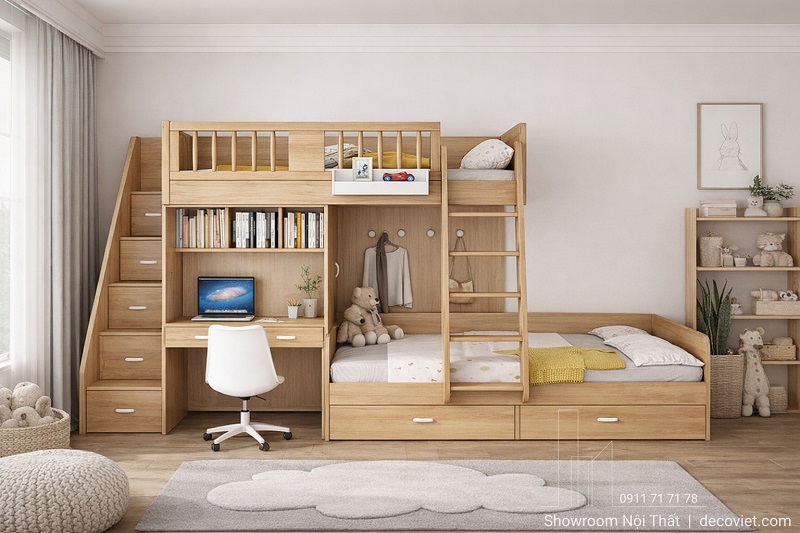 giường tầng gỗ kết hợp bàn học tiện lợi