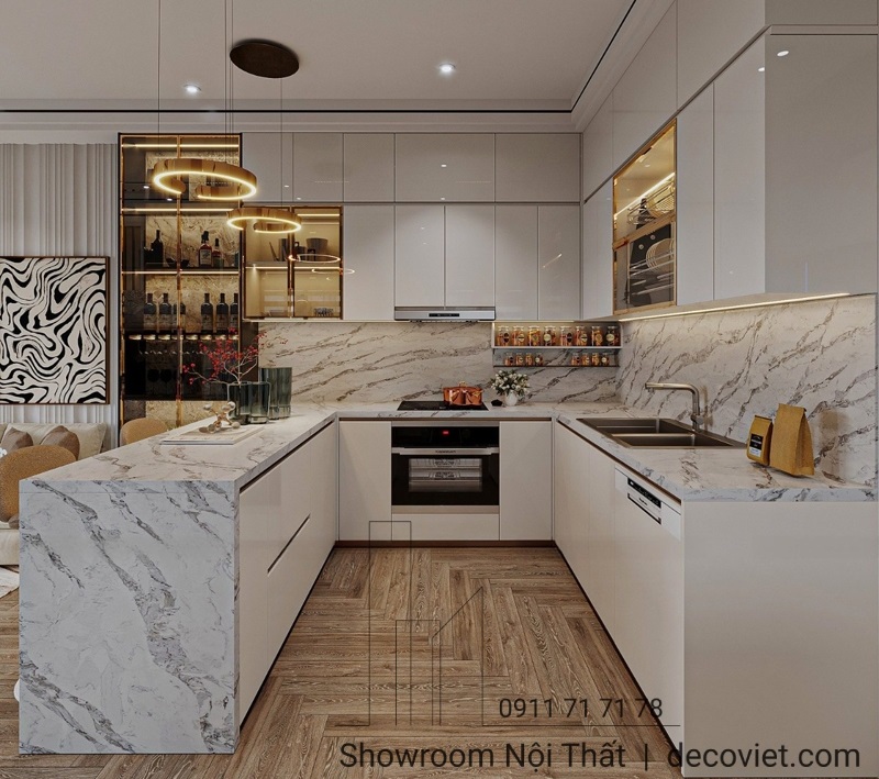 Tủ bếp gỗ chữ U kết hợp quầy bar, tăng không gian lưu trữ