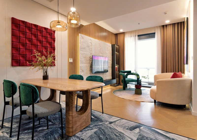 Phòng khách căn hộ 3PN LUMIÈRE Riverside với thiết kế hiện đại, không gian mở đầy ánh sáng tự nhiên