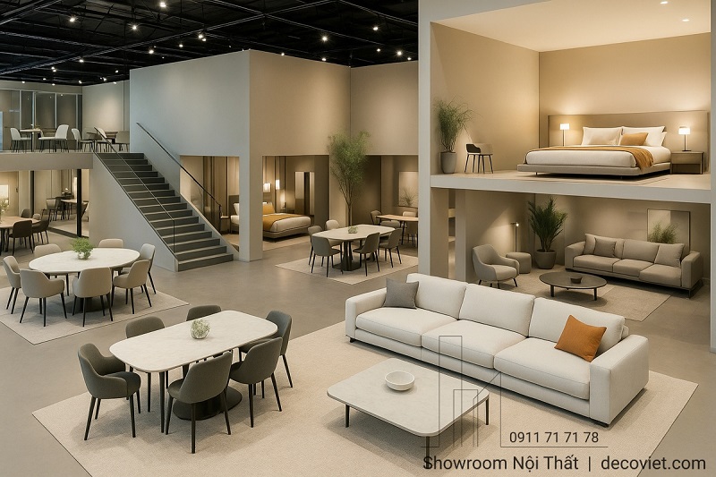 Toàn cảnh showroom nội thất Thủ Đức với bố trí khu trưng bày sofa, bàn ăn và giường ngủ thực tế.