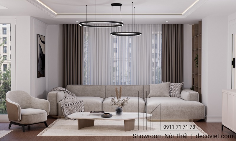 Không gian tiếp khách tối giản với bộ sofa trắng thanh lịch và bàn trà đá – sản phẩm tại showroom nội thất Thủ Đức.