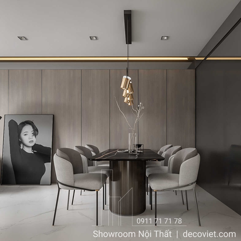 Bàn ăn phong cách hiện đại, kết hợp đèn thả ánh kim sang trọng – sản phẩm từ nội thất Thủ Đức.