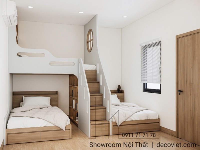 Phòng ngủ trẻ em được thiết kế giường tầng thông minh, tích hợp hộc tủ tiện dụng – giải pháp nội thất Thủ Đức tối ưu cho nhà nhỏ.