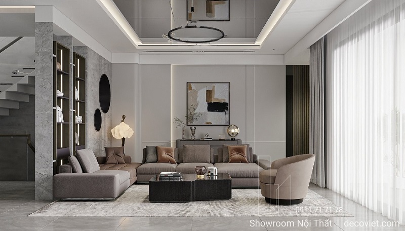 Không gian phòng khách hiện đại với bộ sofa góc chữ L phối màu trung tính – thiết kế bởi nội thất Thủ Đức.