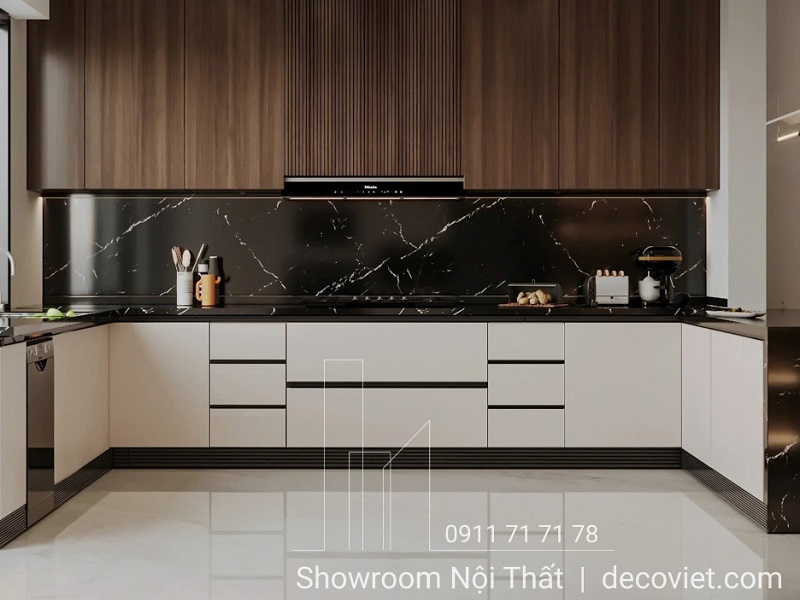 Tủ bếp Melamine hiện đại với thiết kế tối giản, phù hợp căn hộ chung cư
