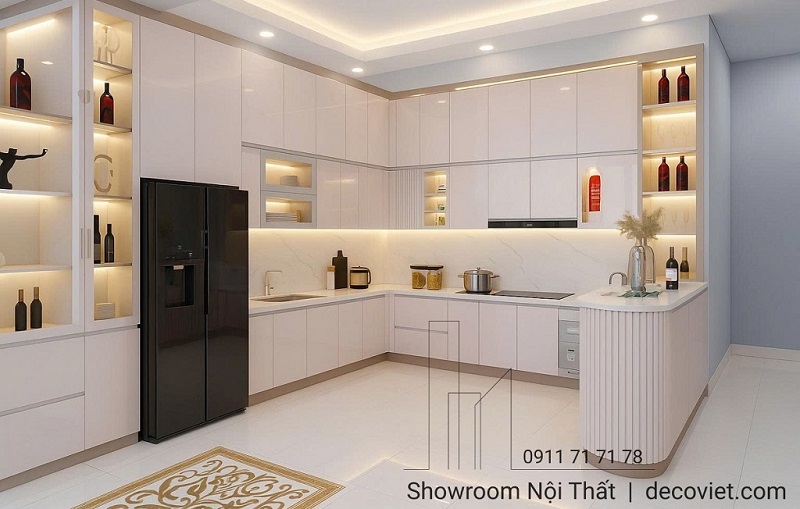 Mẫu tủ bếp acrylic chữ U hiện đại, phối màu trắng – gỗ, thi công tại TP.HCM