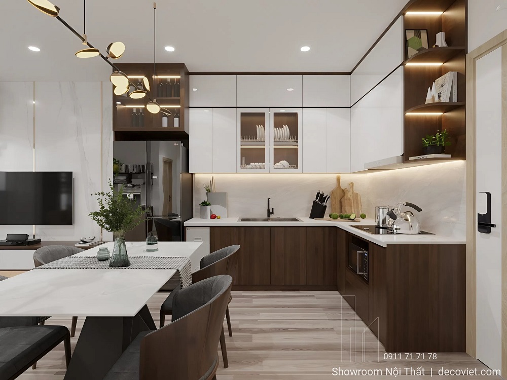 Tủ bếp chữ L cho chung cư theo phong cách hiện đại