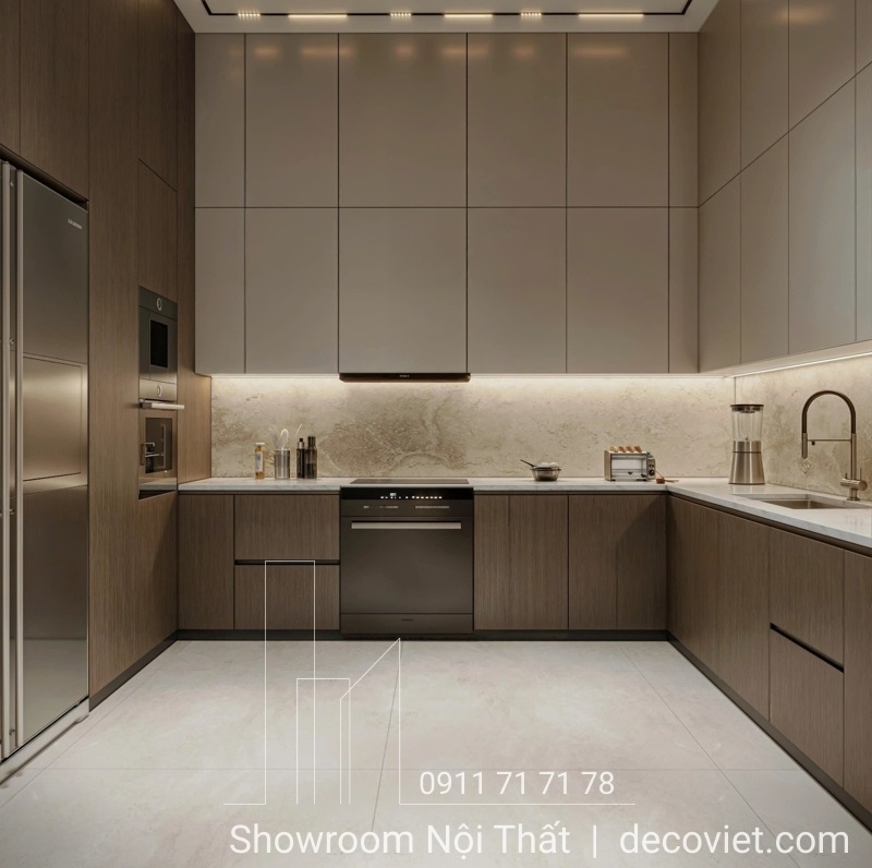 Mẫu tủ bếp chữ U được Nhà Decor thi công thực tế với phụ kiện nhập khẩu