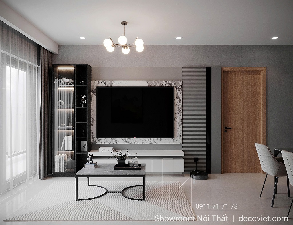 DecoViet thiết kế và thi công nội thất căn hộ The Glory Bình Dương theo phong cách hiện đại, sử dụng tông màu trung tính, bố trí công năng khoa học, tối ưu không gian sống cho gia chủ
