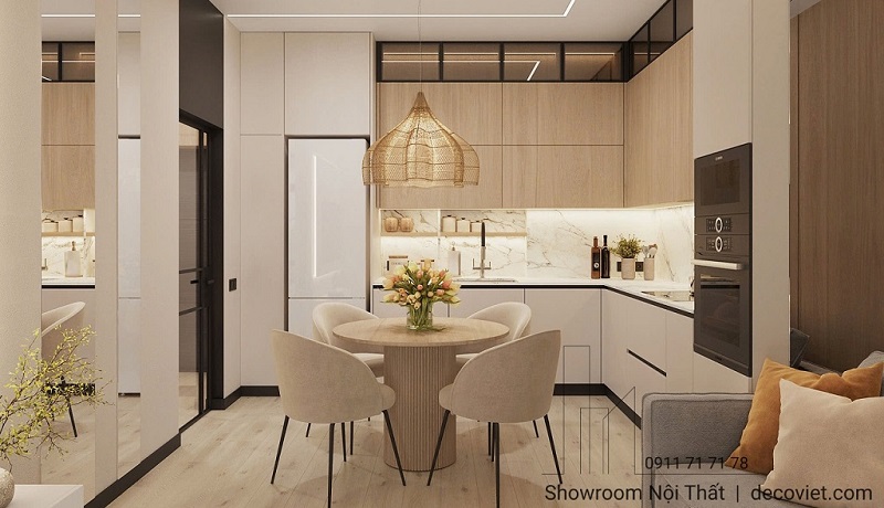 Tủ bếp acrylic An Cường màu kem, thiết kế cao kịch trần đẹp tinh tế