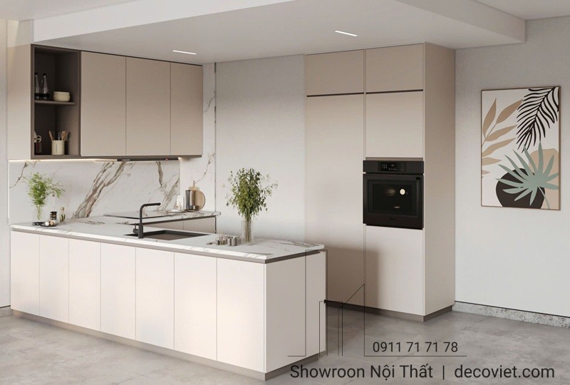 Mẫu bếp hiện đại tone trắng xám tạo cảm giác rộng rãi và tinh tế