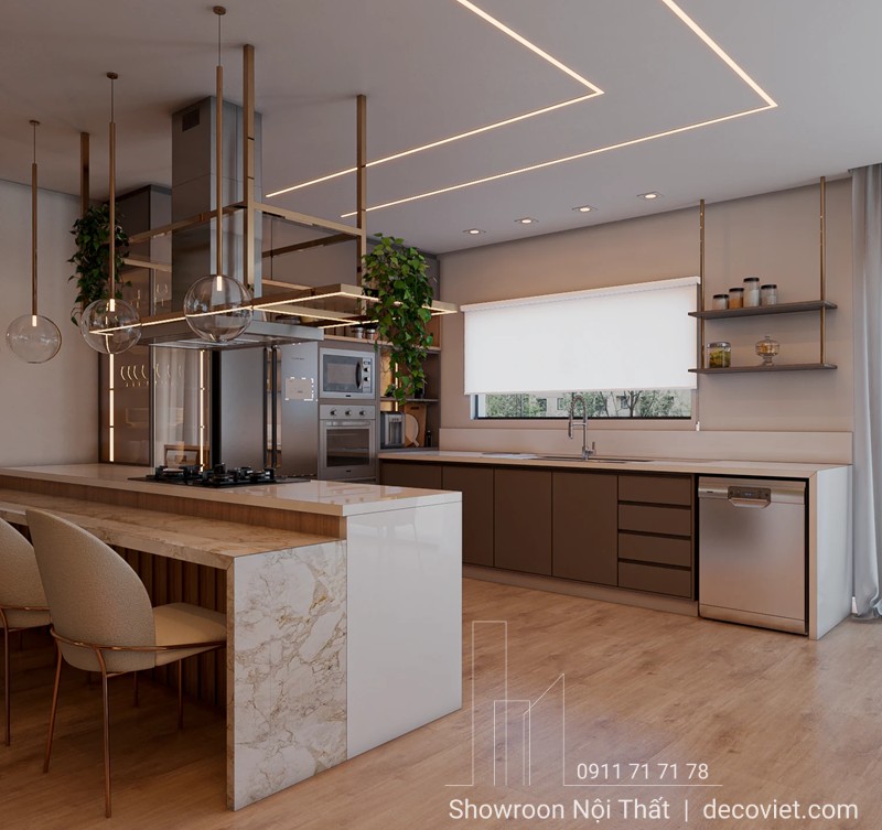 Hệ thống đèn âm trần mang lại ánh sáng dịu nhẹ cho phòng bếp sang trọng