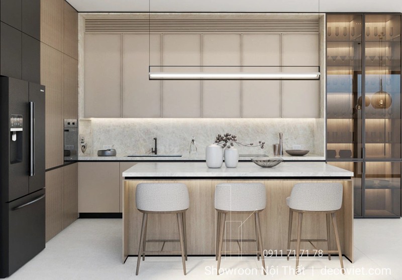 Không gian bếp hiện đại có quầy bar mini tiện nghi và thẩm mỹ