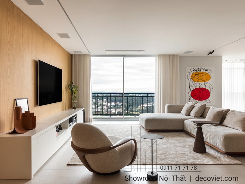 Thiết kế nội thất phòng khách nổi bật với sự kết hợp màu sắc hài hòa.