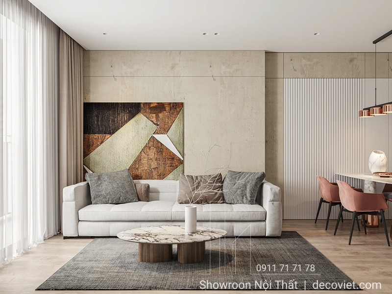 Mẫu thiết kế nội thất phòng khách hiện đại với gam màu trung tính sang trọng