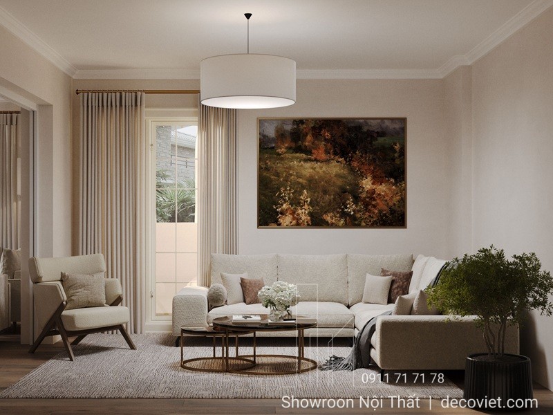 Nội thất phòng khách hiện đại với tông màu sáng chủ đạo.