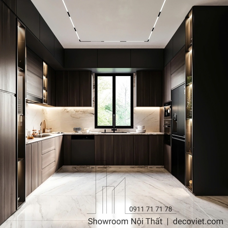 Không gian bếp sang trọng với mẫu tủ bếp chữ U cao cấp