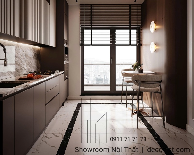 Tủ bếp chữ I gọn gàng, phù hợp không gian bếp nhỏ.