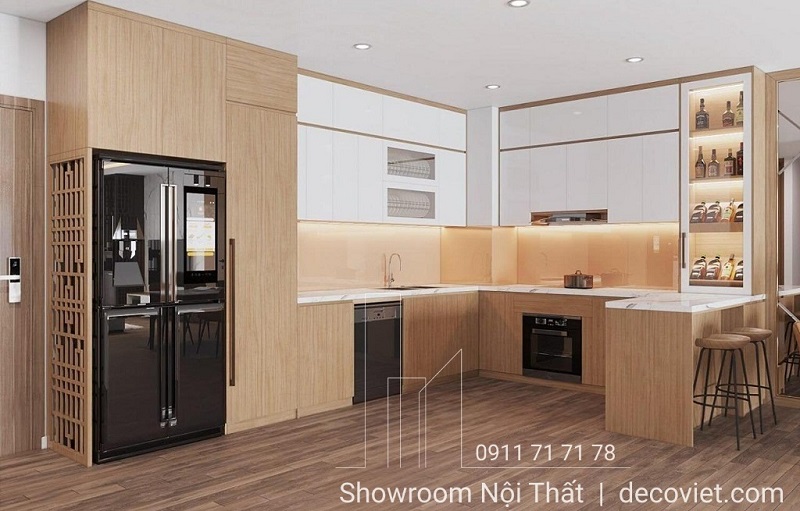 Tủ bếp gỗ chữ U kết hợp quầy bar, tăng không gian lưu trữ