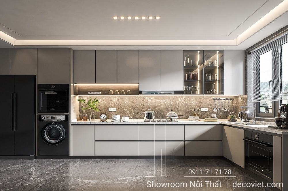 Thi công tủ bếp chữ L gọn gàng cho nhà phố diện tích nhỏ