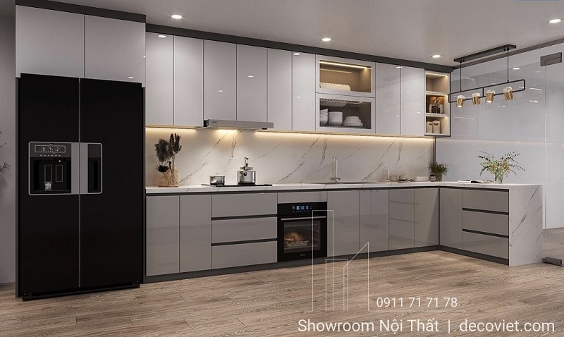 Tủ bếp gỗ chữ L hiện đại, thi công trọn gói tại TP.HCM