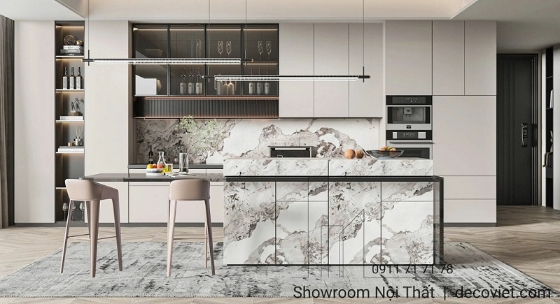 Không gian bếp hiện đại với đảo bếp phủ acrylic đồng màu