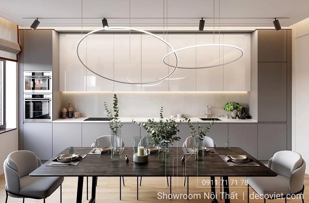 Tủ bếp gỗ công nghiệp chữ I hiện đại cho nhà nhỏ