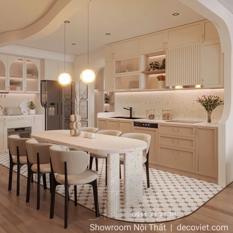 Không gian bếp sang trọng hơn với tủ bếp nhựa vân gỗ phối trắng