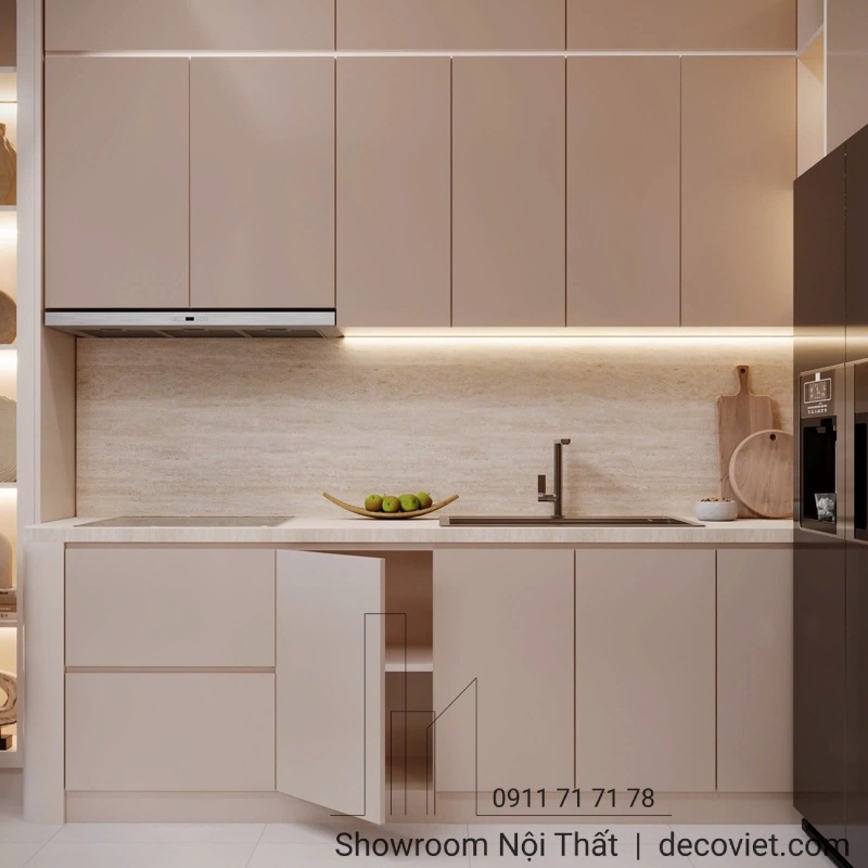 Tủ bếp nhựa acrylic bóng gương cao cấp, dễ lau chùi và bền đẹp theo thời gian