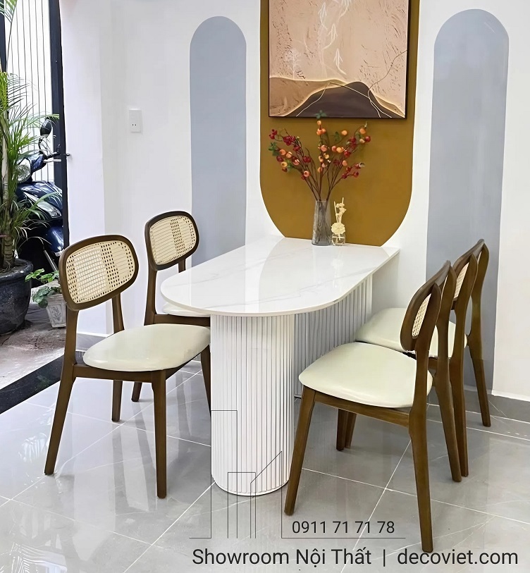 bộ bàn ăn 4 ghế mặt đá chân gỗ, thiết kế hiện đại, nhỏ gọn và tiện nghi