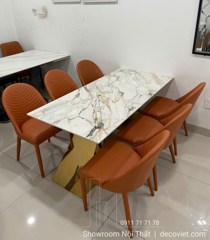 Bộ bàn ăn 6 ghế mặt đá kết hợp ghế bọc da cao cấp