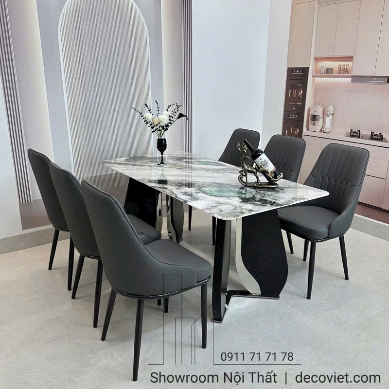 Bộ bàn ăn mặt đá 6 ghế bọc da đẹp màu trung tính