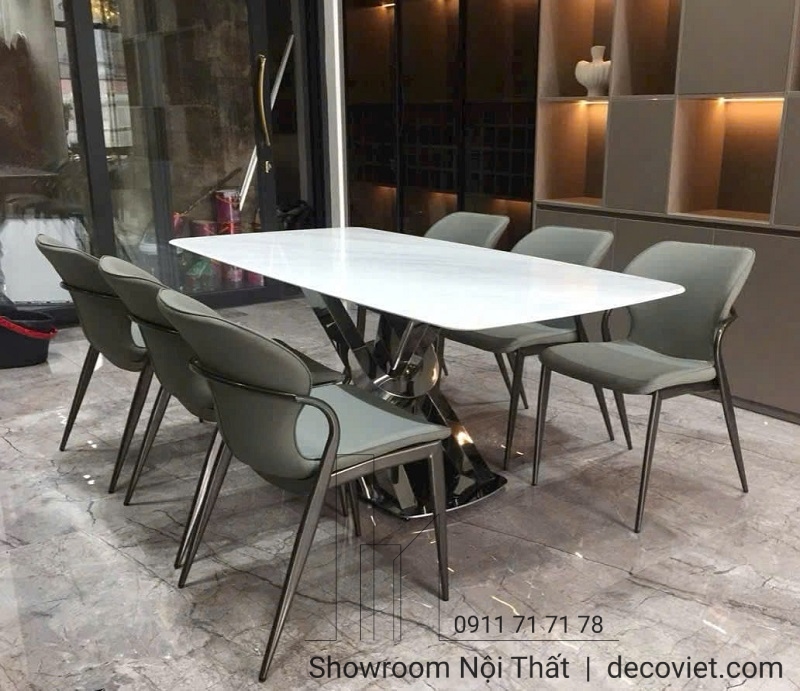 Bàn ăn 6 ghế mặt đá cẩm thạch tự nhiên 2644S chân inox xoắn hiện đại