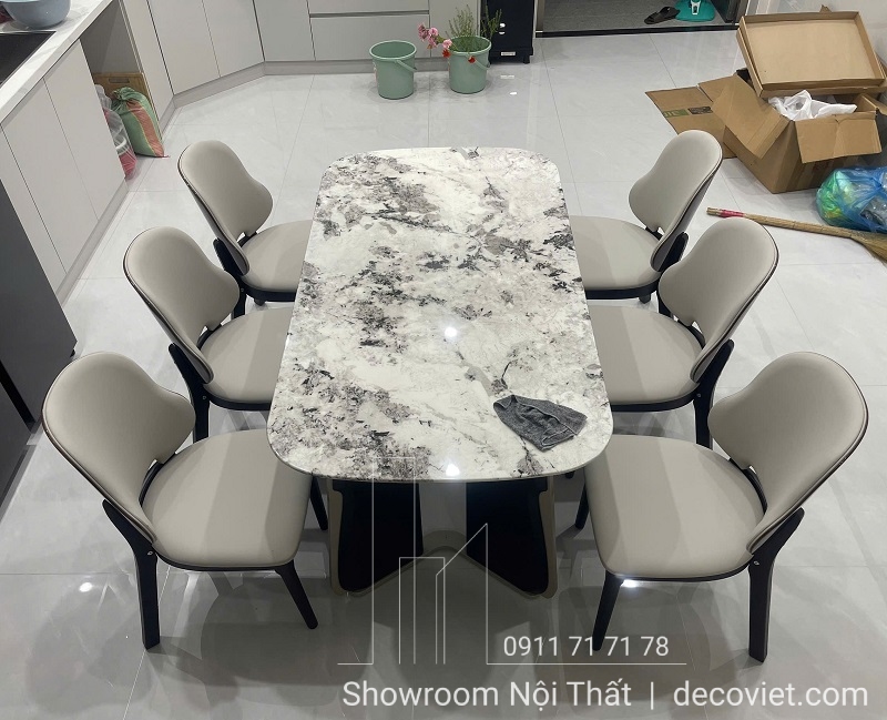 bàn ăn mặt đá 6 ghế chân gỗ đẹp hiện đại