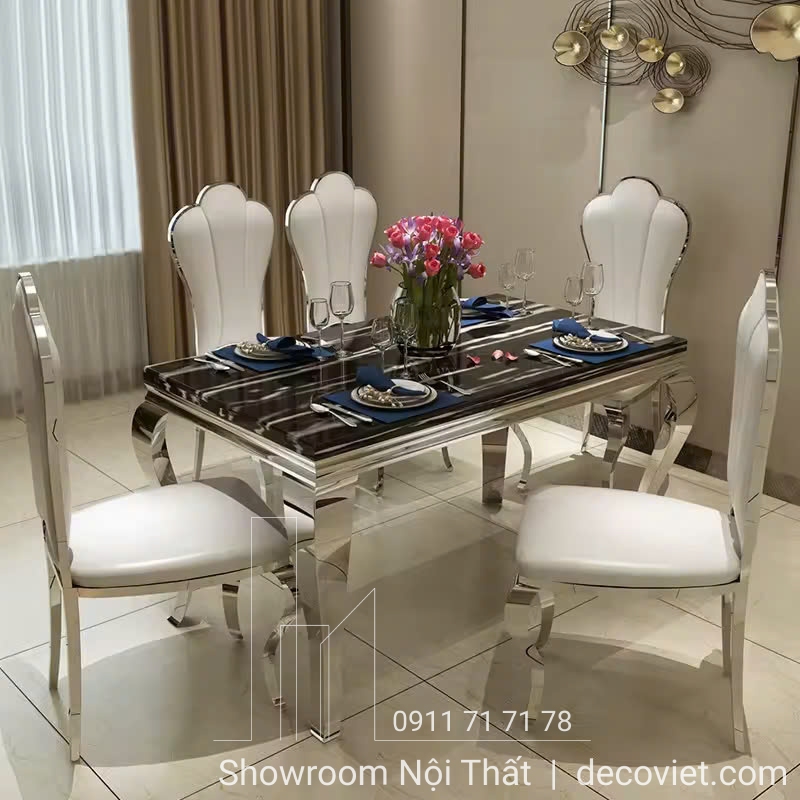 bộ bàn ăn 6 ghế tân cổ điển mặt đá