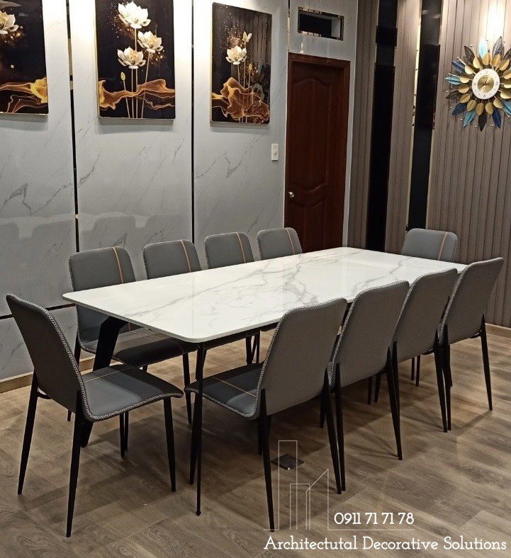 Bộ bàn ăn 10 ghế 664S mặt đá lamar 2m trắng vân hiện đại