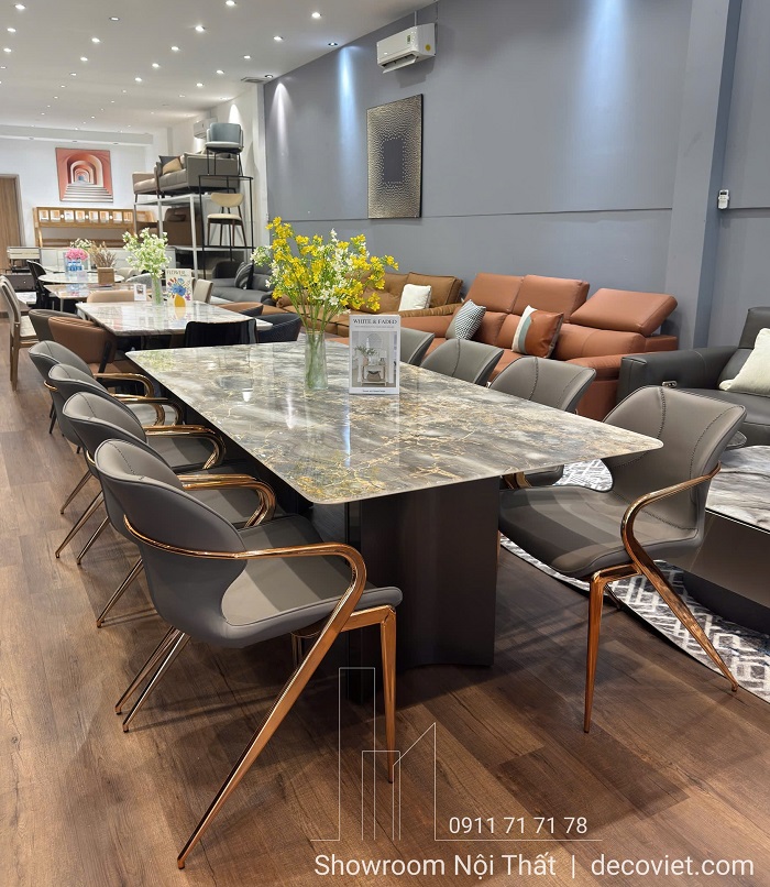Bộ bàn ăn mặt đá cao cấp phối ghế ăn tay cong inox vàng hồng