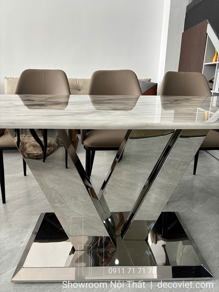 Bộ bàn ăn 6 người chân inox thiết kế tối giản, thanh lịch