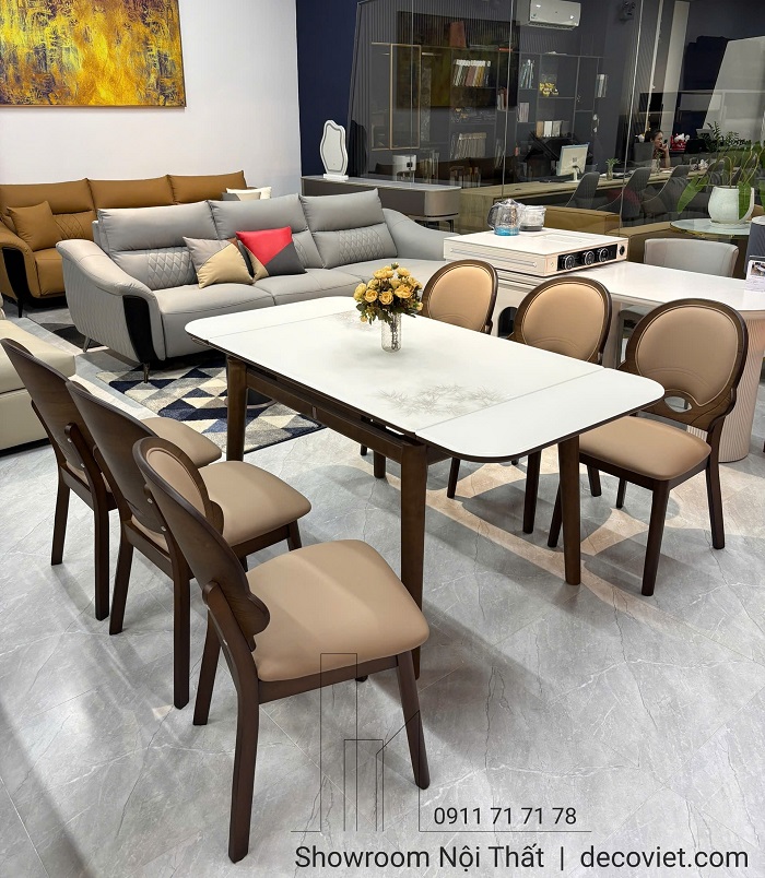 Ảnh thực tế bàn ăn kéo dài mặt đá chân gỗ 2779S