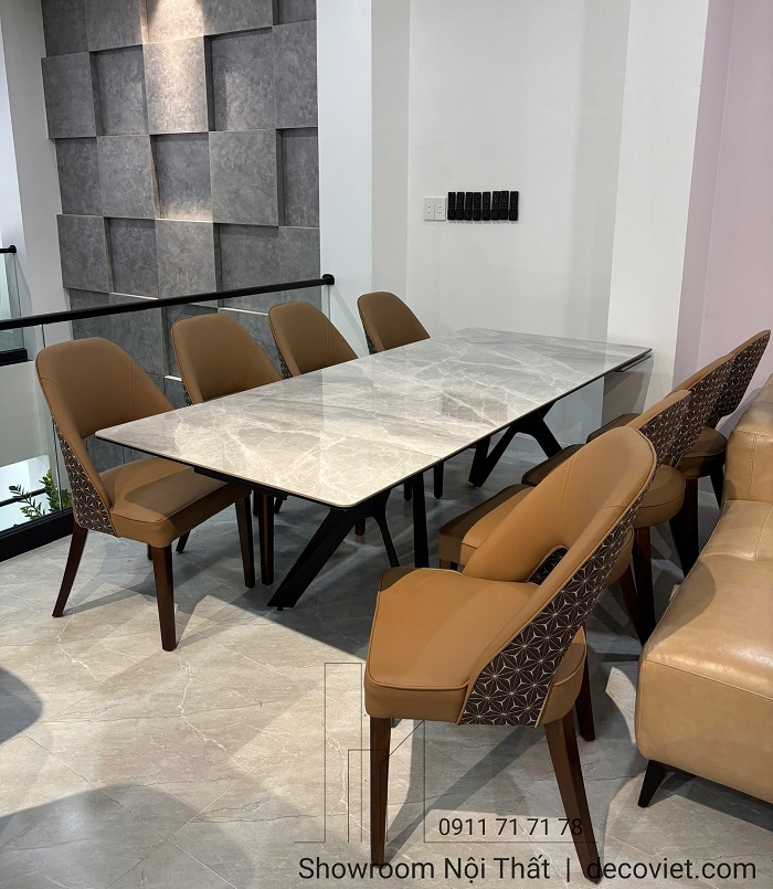 Bàn ăn kéo dài mặt đá 2m6 kết hợp 8 ghế ăn bọc da cao cấp sang trọng