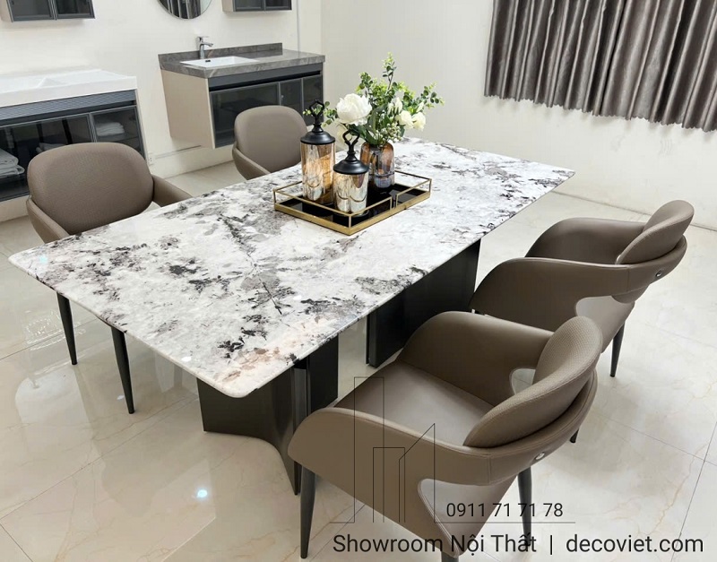 Bàn ăn mặt đá nhập khẩu thiết kế hiện đại chân inox bền đẹp