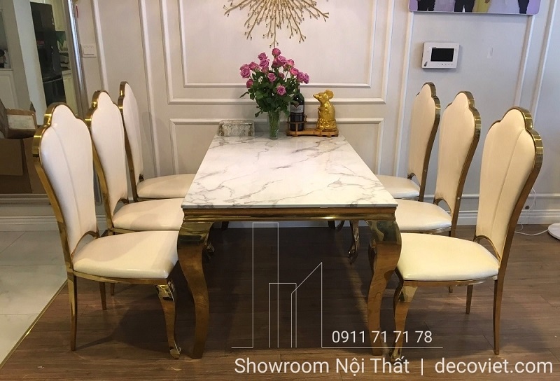bàn ăn tân cổ điển mặt đá chân inox