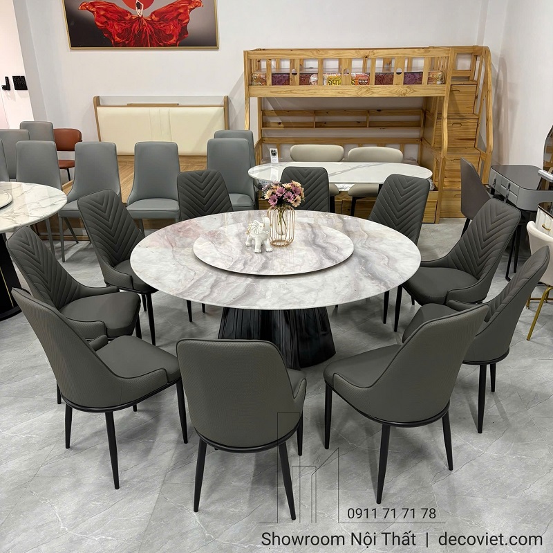 Bộ bàn ăn tròn 10 ghế mặt đá xoay mâm xoay tiện lợi khi dùng bữa