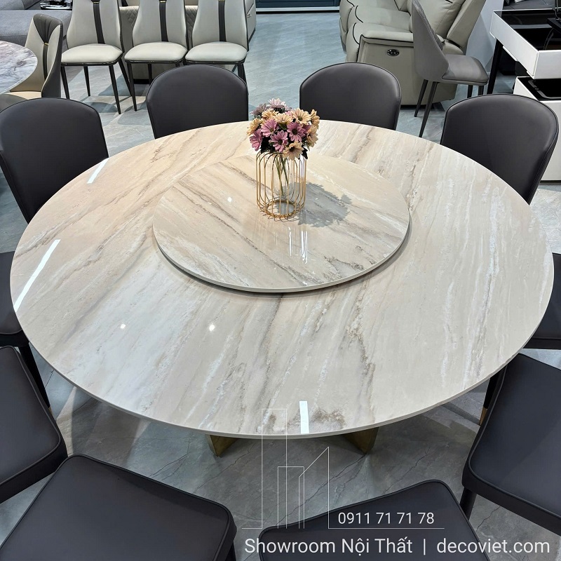 Bộ bàn ăn tròn 10 người kiểu dáng hiện đại mặt đá vân mây tự nhiên