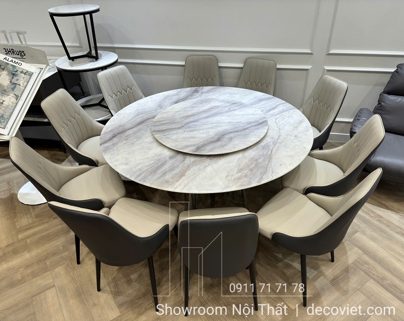 bàn ăn tròn 10 ghế mặt đá 1m6