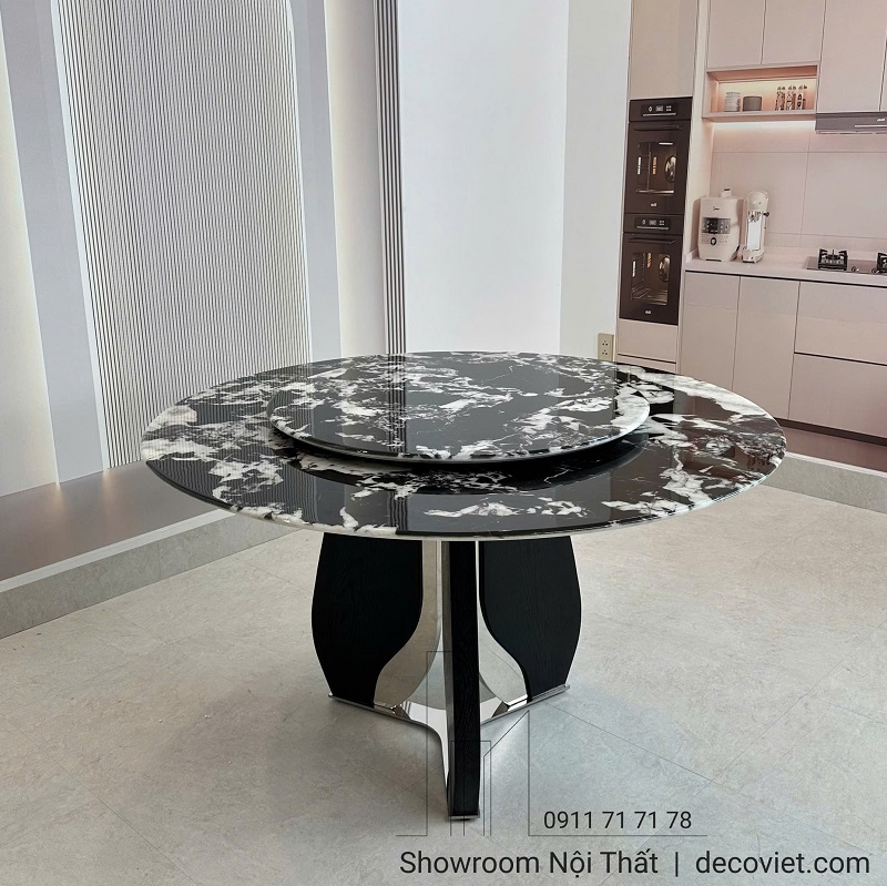Bàn ăn tròn mặt đá chân gỗ phối inox hiện đại