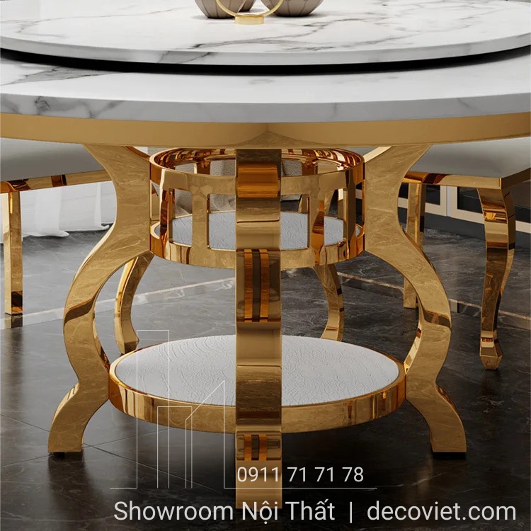 bàn ăn tròn tân cổ điển chân inox mặt đá