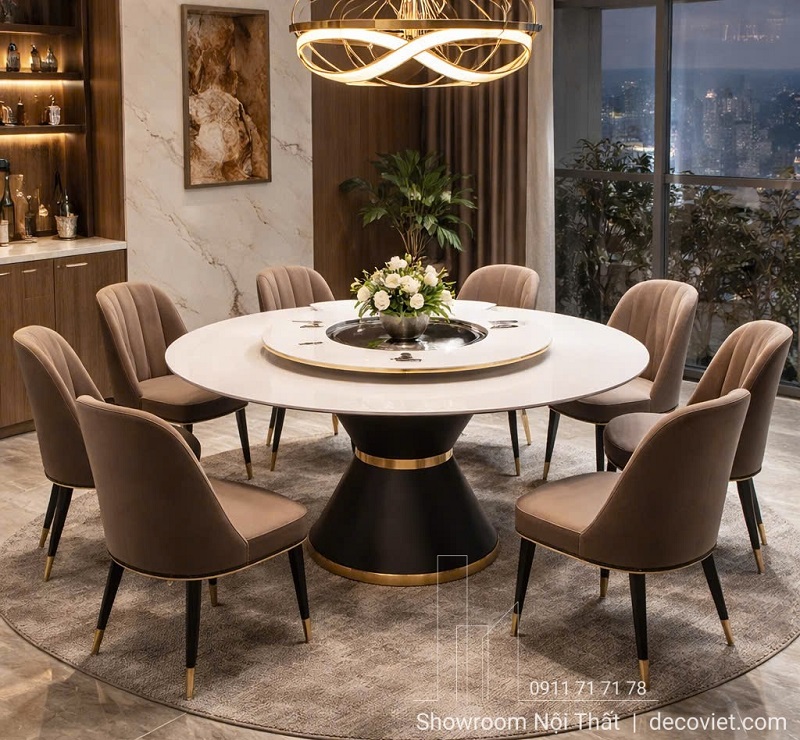 bàn ăn tròn mâm xoay có bếp lẩu cho nhà hàng 6-8 người hiện đại